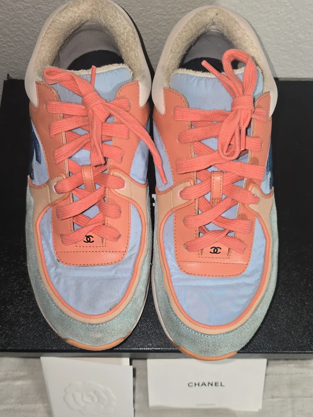 CHANEL Multicolor Leather & Suede Sneaker with Coral and Blue Accents